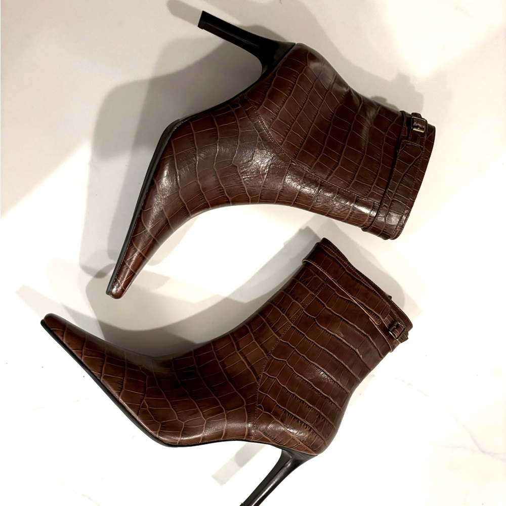 LAUREN RALPH LAUREN•croc embossed leather point toe booties 8 NIB